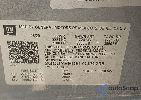 2020 Chevrolet Silverado 1500 4Wd Short Bed Rst from USA, damaged, VIN 3GCUYEED5LG421795